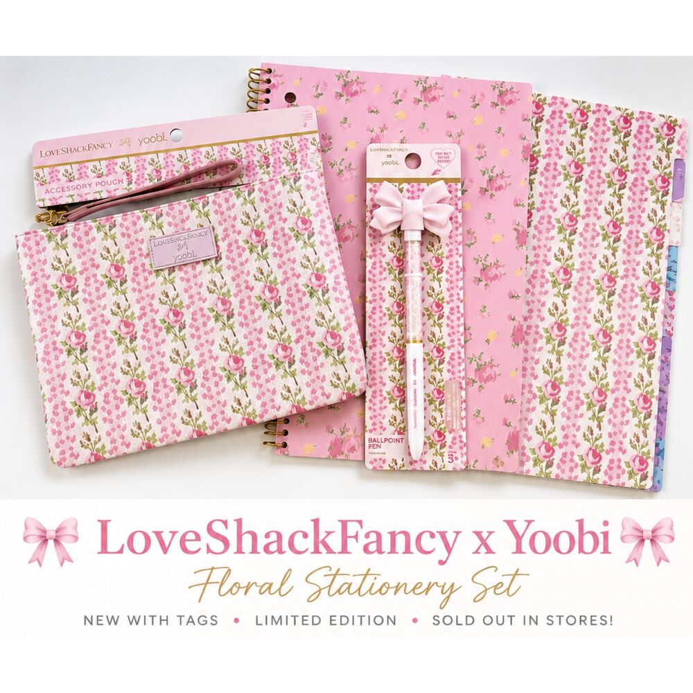 NWT LoveShackFancy x Pink Floral 4 Pc Set Wristlet Notebook Bow Pen Dividers